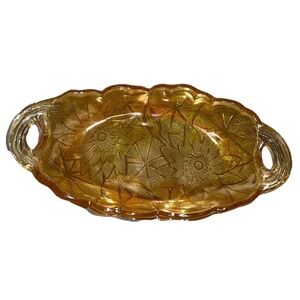 Vintage Indiana Glass Amber Carnival Glass 9.5"‎ Oval bowl Harvest Grapes